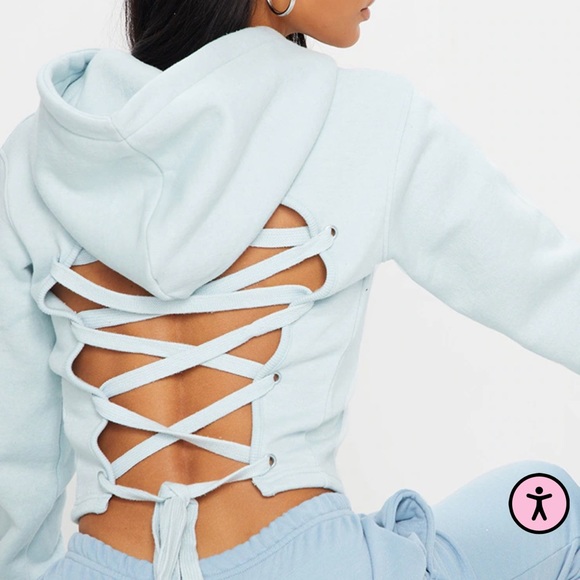 grey lace up back crop hoodie